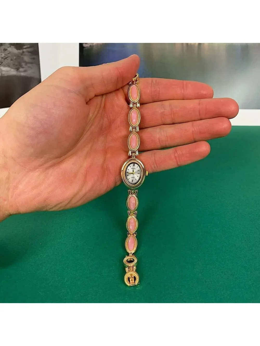 Y2k style Dainty cute Gold style tone quartz watch with pink jade stone opal acc